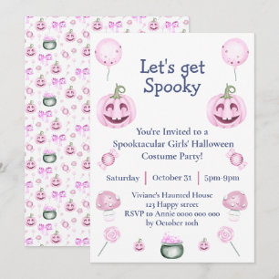 Convite de festa de Halloween feminino cor-de-rosa
