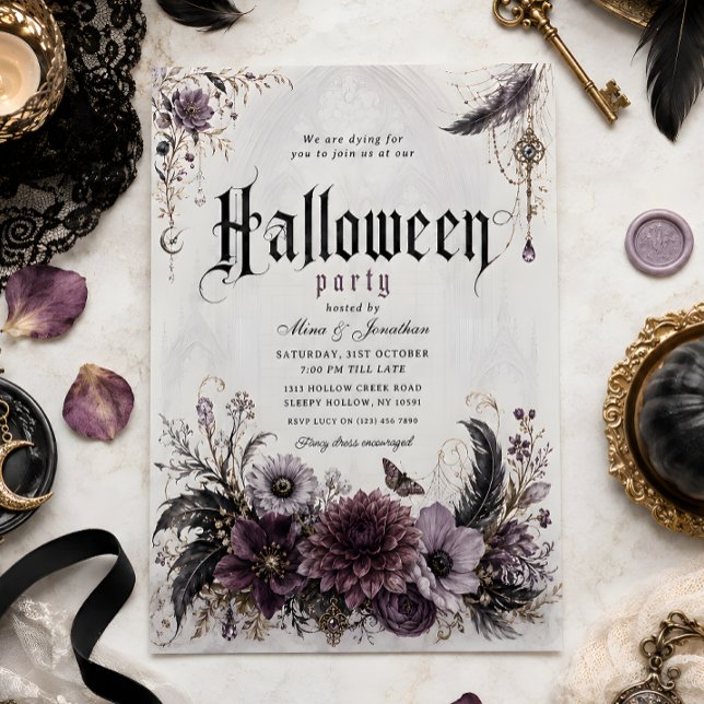 Convite de festa de Halloween Floral Gótico Vampir (Criador carregado)