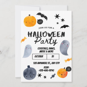 Convite de Festa de Halloween Fofo Branco e Laranj