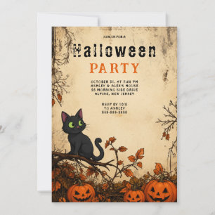 Convite de Festa de Halloween Gótico de Gata Preta
