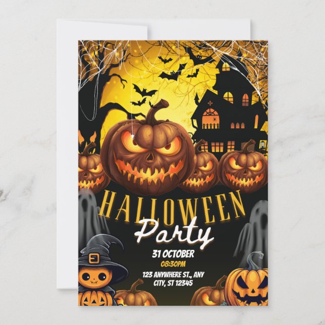 Convite de festa de Halloween moderno laranja e pr (Frente)