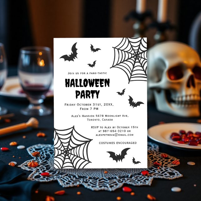 Convite de Festa de Halloween Preto e Branco Aranh (Criador carregado)