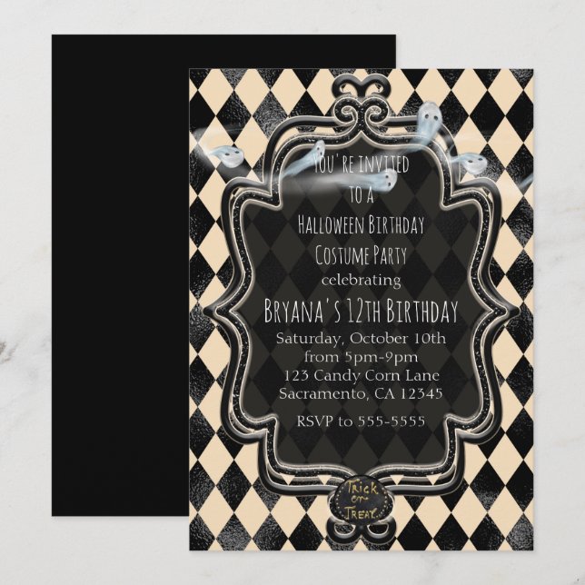 Convite de festa de Halloween preto e creme com di (Frente/Verso)