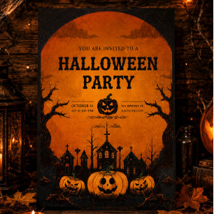 Convite de festa de Halloween simples laranja e pr