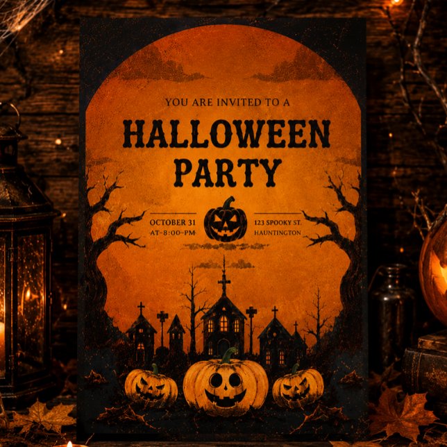 Convite de festa de Halloween simples laranja e pr (Criador carregado)