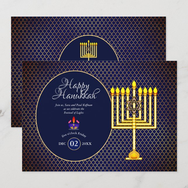 Convite de Festa de Hanukkah Menorá Azul Dourado 3 (Frente/Verso)