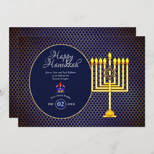 Convite de festa de Hanukkah Menorá dourado azul 3 (Frente/Verso)
