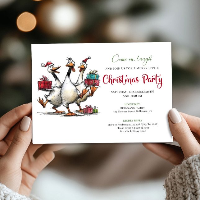 Convite de Festa de Humor da Turma do Ganso Capric (Christmas Whimsical Goose Squad Humor Party Invite)