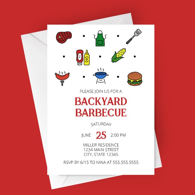Convite de festa de Ícones de Churrasco (Modern Minimalist Backyard Barbecue Line Icons Summer Party Invitation)