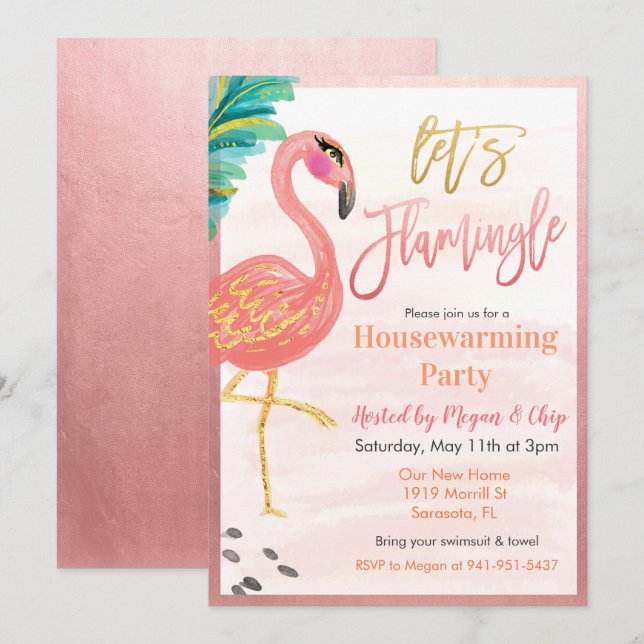 Convite de festa de inauguração com flamingo aquar (Frente/Verso)