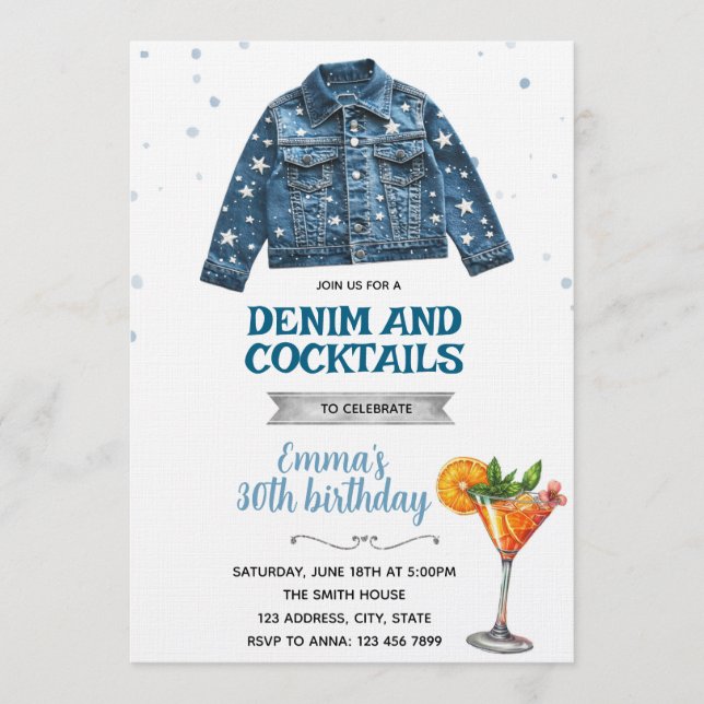 convite de festa de jeans e coquetéis (Frente)