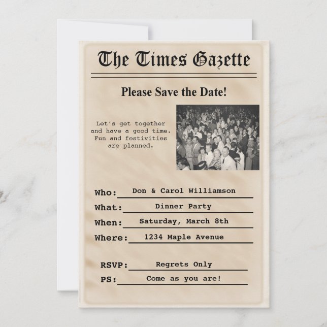 Convite de festa de jornal antigo (Frente)