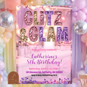 Convite de festa de maquiagem Pink Purple Glitz e 