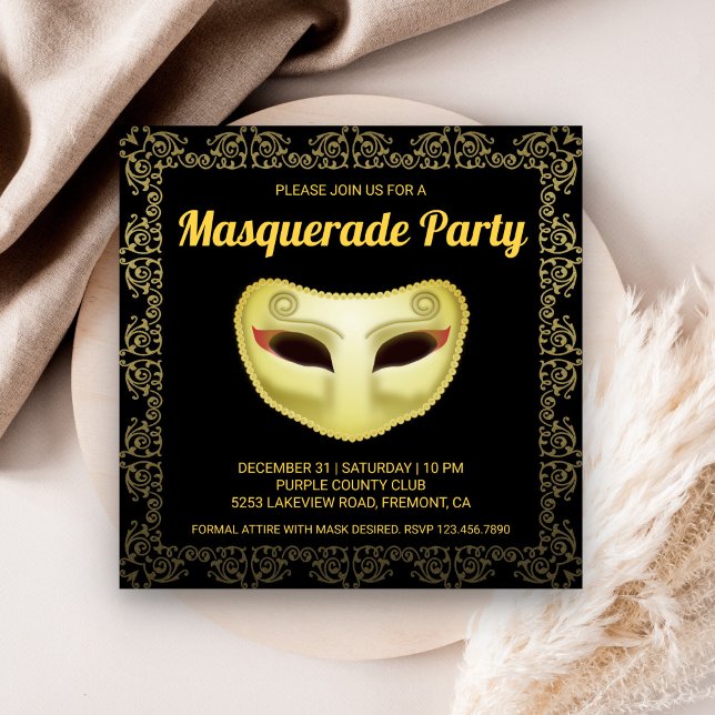 Convite de festa de máscaras em preto e dourado el (Criador carregado)