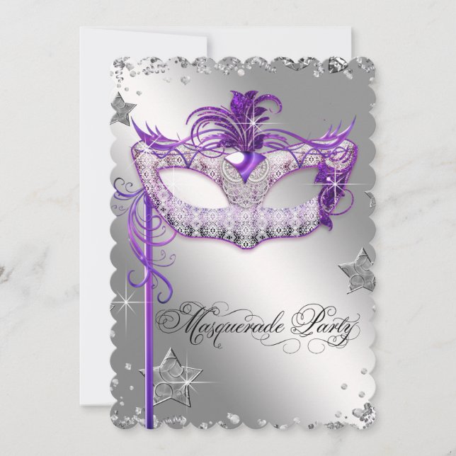 Convite de festa de máscaras roxo com confetes pra (Frente)
