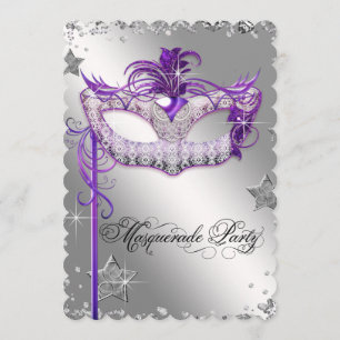 Convite de festa de máscaras roxo com confetes pra