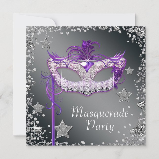 Convite de festa de máscaras roxo com confetes pra (Frente)