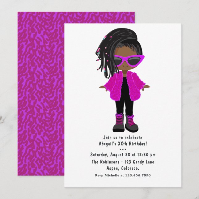 Convite de festa de menina negra de moda rosa quen (Frente/Verso)