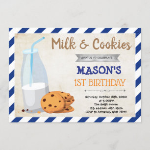 Convite de festa de menino leite E biscoitos