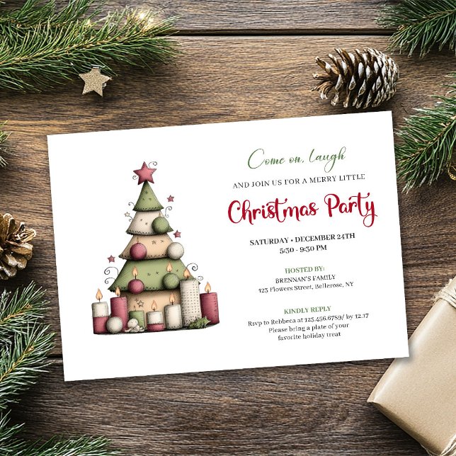 Convite de festa de Natal artístico e caprichoso p (Artistic whimsical Christmas tree party invitation)