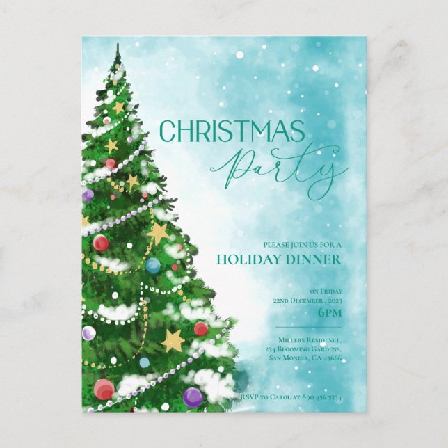 Convite de Festa de Natal Árvore Aquarela Azul (Frente)