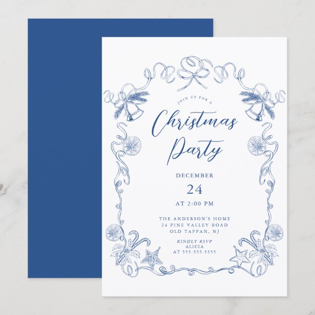 Convite de Festa de Natal Azul Elegante (Frente/Verso)