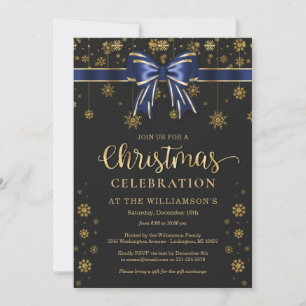 Convite de festa de Natal azul marinho e dourado
