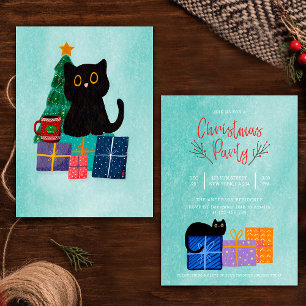 Convite de festa de Natal azul para café com gato
