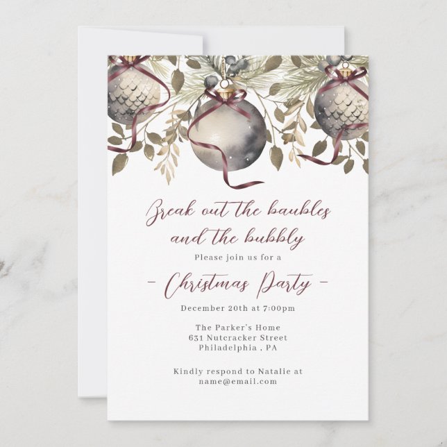 Convite de Festa de Natal Baubles & Bubbly (Frente)