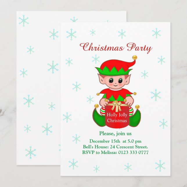 Convite de festa de Natal branco com elfo fofo (Frente/Verso)