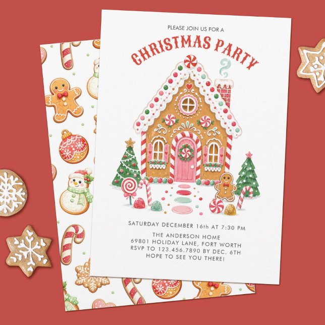 Convite de festa de Natal Casa de Biscoito de Geng (A cute Christmas gingerbread house party invitation for the holidays. Personalize it with your info)