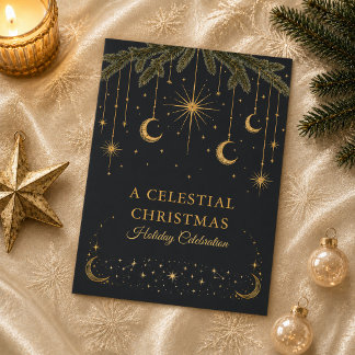 Convite de Festa de Natal Celestial Dourado