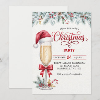Convite de festa de Natal com champanhe e chapéu d