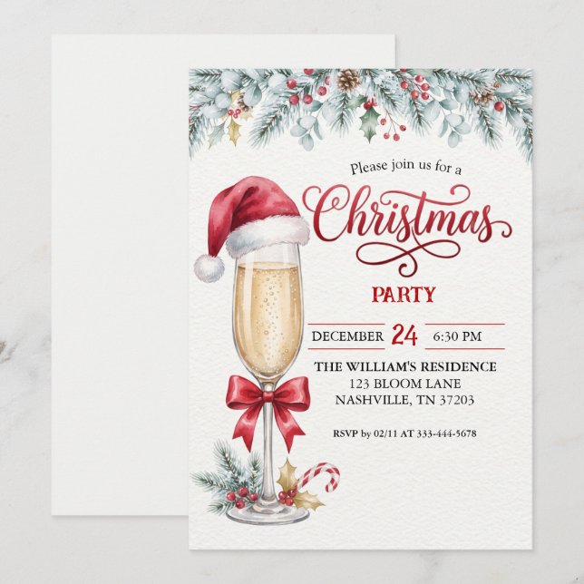 Convite de festa de Natal com champanhe e chapéu d (Frente/Verso)
