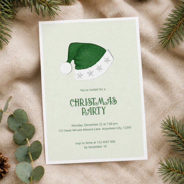 Convite de festa de Natal com chapéu de Papai Noel (Elegant Green Santa Hat Christmas Party Invite, Sophisticated Holiday Party Invitation)