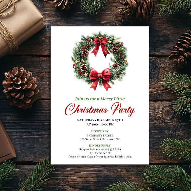 Convite de festa de Natal com coroa de pinheiro aq (Watercolor Pine Wreath Red Green Party Invite)