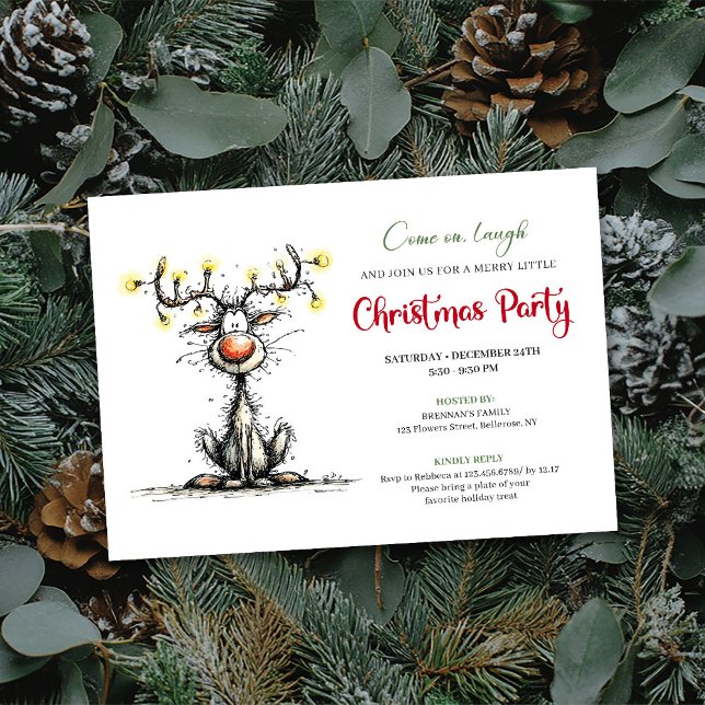 Convite de festa de Natal com desenho de rena engr (Funny Reindeer Cartoon Holiday Party Invitation)