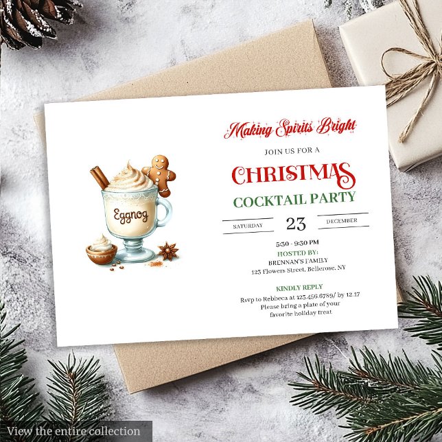 Convite de festa de Natal com eggnog vermelho e ve (Trendy eggnog red green Xmas cocktail party invite)