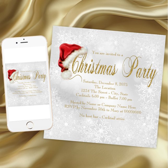 Convite de festa de Natal com floco de neve e chap (Red Santa Hat Snowflake Christmas Party. Instant download and printed invitations available.)