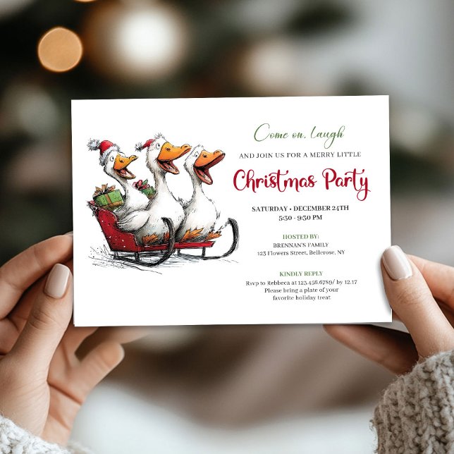 Convite de Festa de Natal com Gansos Bobos e Ilust (Christmas Silly Geese Whimsy Cartoon Party Invitation)