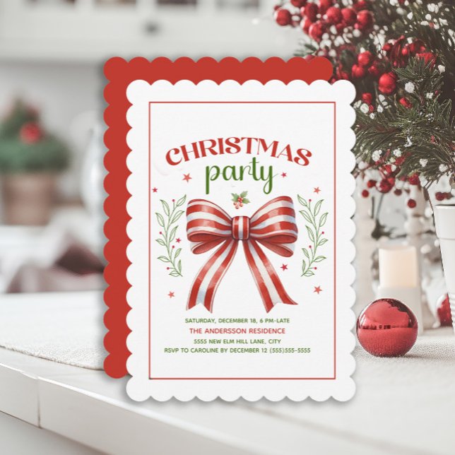 Convite de Festa de Natal com Laço Coquette Vermel (Red and white striped bow Christmas party invitation)