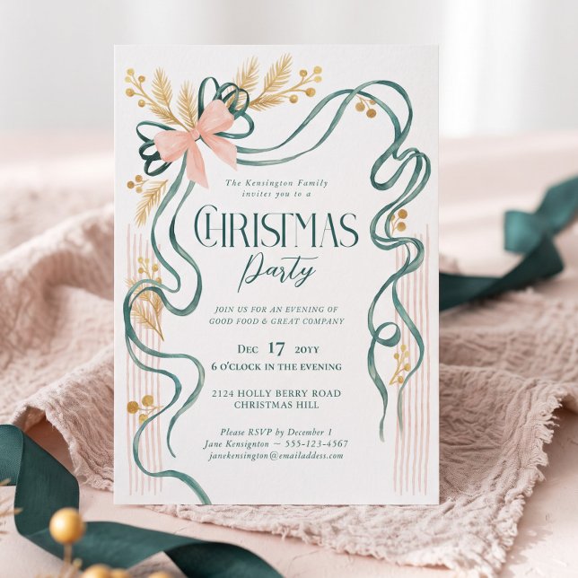 Convite de Festa de Natal com Laço Rosa e Verde Ch (Elegant Chic Green Pink Bow Ribbon Christmas Party Invitation)