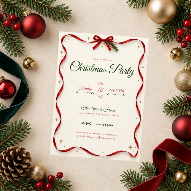 Convite de Festa de Natal com Laço Vermelho Clássi (Criador carregado)