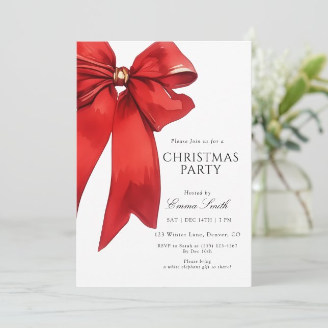 Convite de festa de Natal com laço vermelho em aqu (Em pé/Frente)