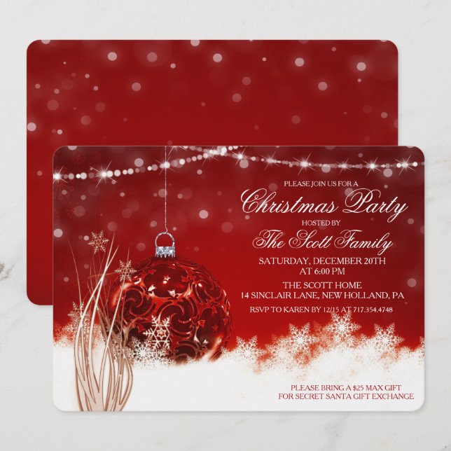Convite de Festa de Natal com Ornamento Vermelho d (Frente/Verso)