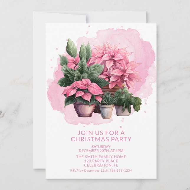 Convite de festa de Natal com poinsétia rosa (Frente)