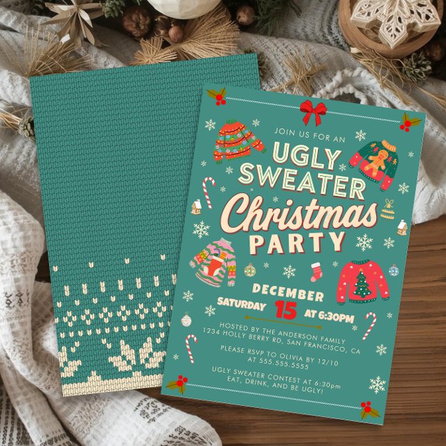 Convite de Festa de Natal com Suéter Feio Retro Ve (Retro teal ugly sweater Christmas party invitation with knit pattern and festive holiday decor.)