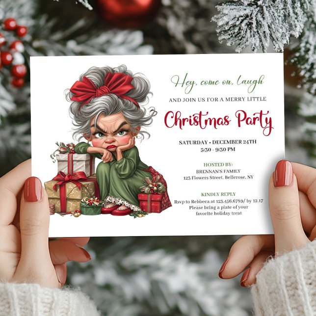 Convite de festa de Natal da Vovó Excêntrica em de (Quirky Grandma Christmas Cartoon Party Invitation)