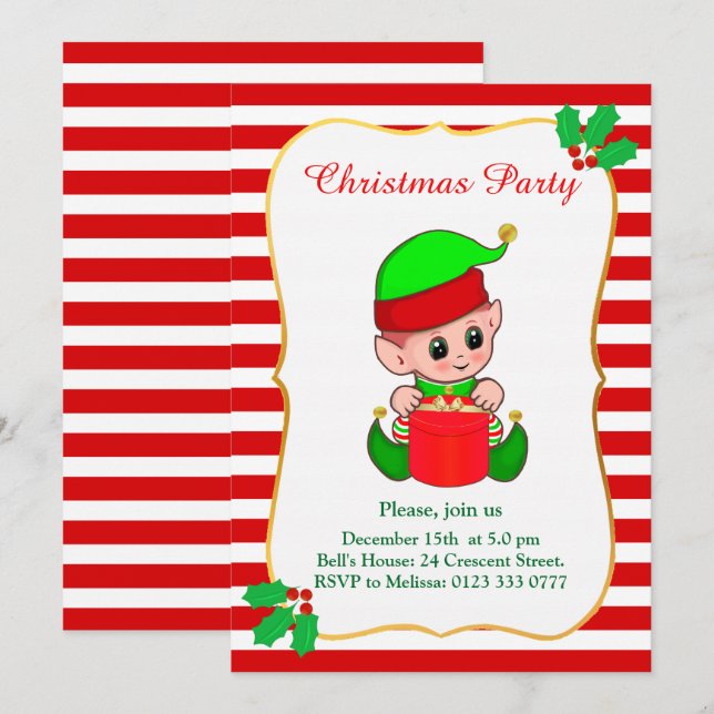 Convite de festa de Natal de elfo fofo e vermelho  (Frente/Verso)