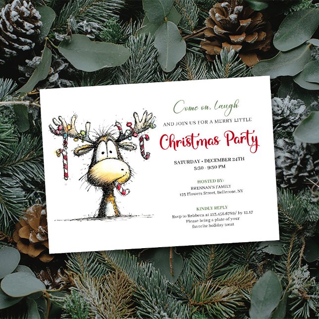 Convite de festa de Natal de rena de desenho anima (Funny cartoon reindeer Christmas party invitation

)